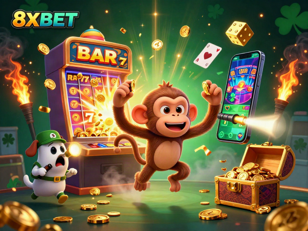 Engage with 8XBET's lively casino scene featuring a playful poltergeist monkey and ghost-hunter puppy in action.