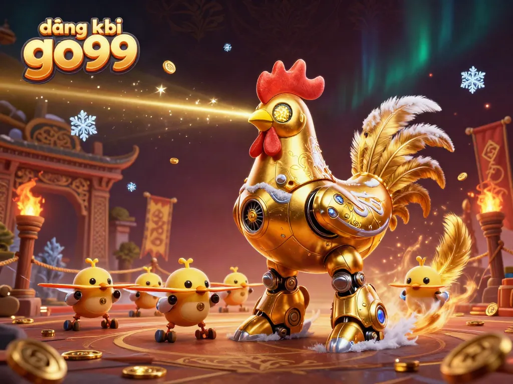 Engage in exhilarating gameplay by đăng ký go99 with robotic rooster and baby chick drones in a vibrant casino scene.