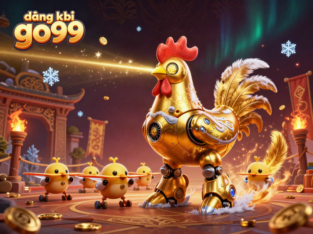 Engage in exhilarating gameplay by đăng ký go99 with robotic rooster and baby chick drones in a vibrant casino scene.