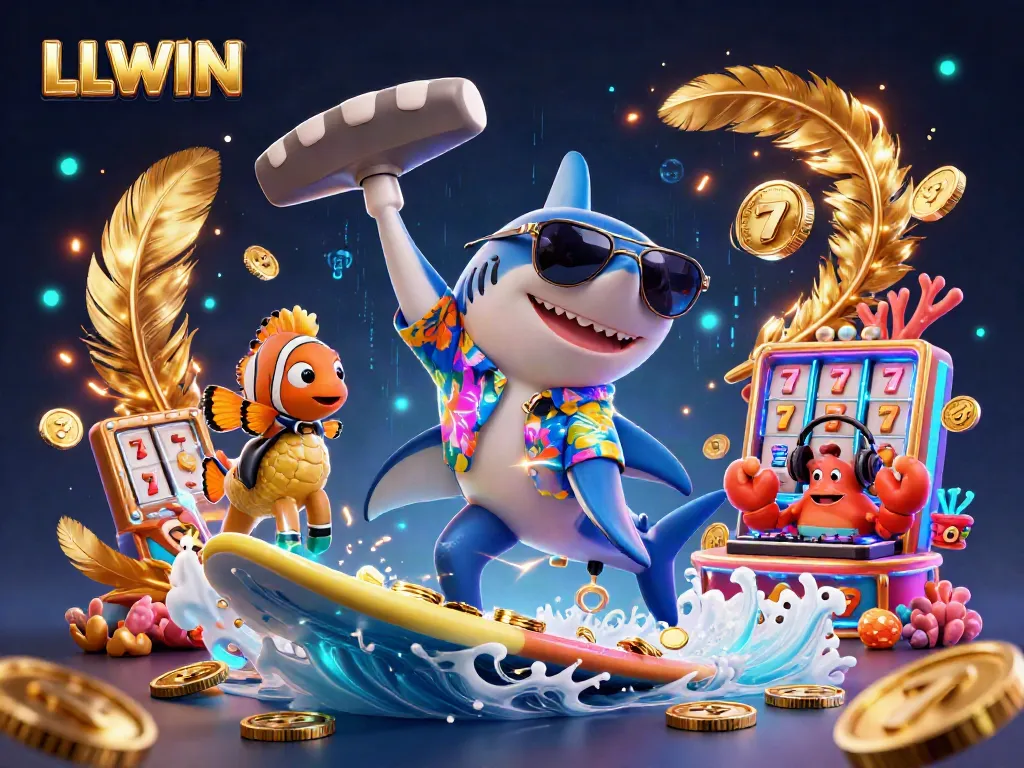 LLWIN's vibrant casino world comes alive with a shark, clownfish, and DJ in a gold coin wave