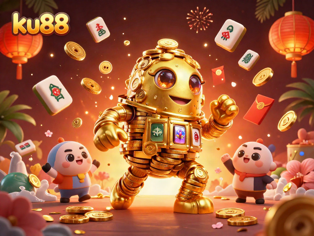 Experience exciting gaming thrills with ku88 in this vibrant 3D casino scene filled with gold coins and lanterns.