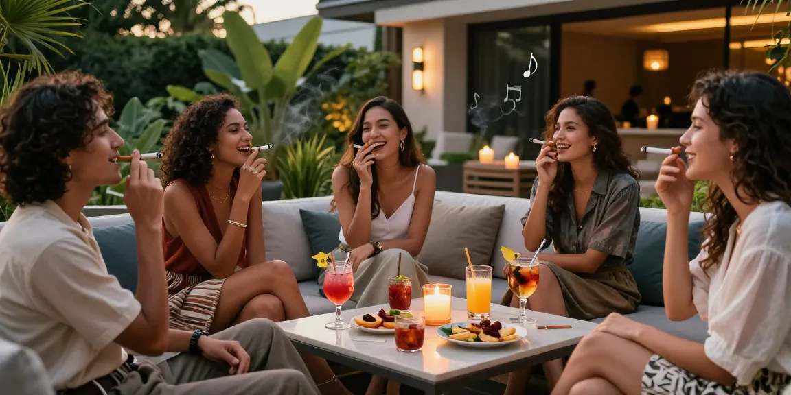 Friends enjoying a luxurious evening with rokok 88 cigarettes and cocktails in a beautiful outdoor setting.