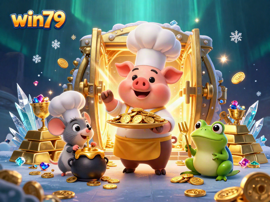 Engage in thrilling gameplay with win79 as a delightfully illustrated scene showcases a chef pig and critters, surrounded by treasures.