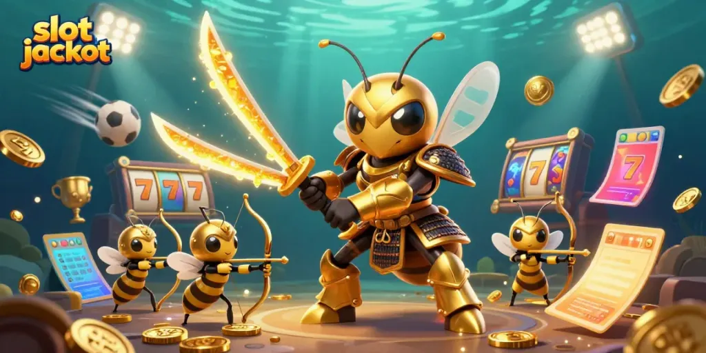 Experience thrilling slot jackpot excitement with animated 3D illustration of samurai hornet amidst dynamic casino elements.