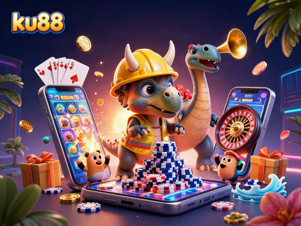 ku88 offers a vibrant celebration of gaming with dinosaurs building poker chips, enhancing online casino fun.