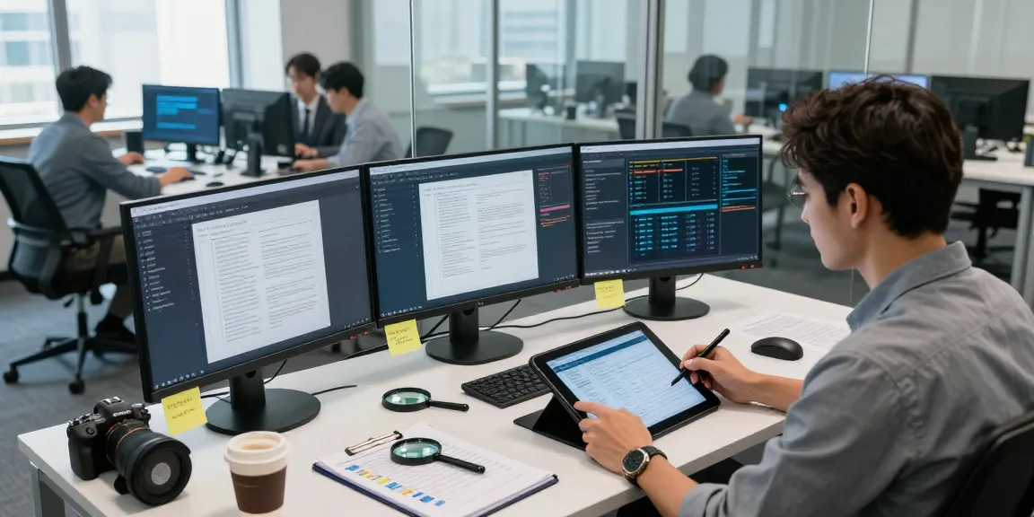 Focused analyst examining digital documents for document fraud detection in a modern office.