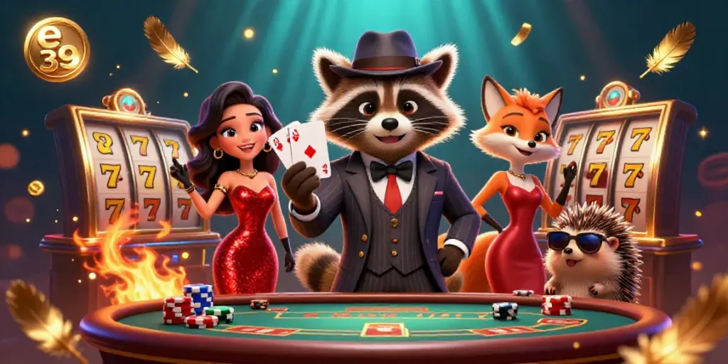 Engage with e 39 casino excitement featuring a suave raccoon, glamorous fox, and a hedgehog bouncer.