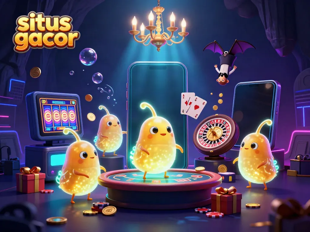 Experience the thrill of situs gacor with a vibrant cave casino scene illuminated by glowworms and a bat dealer.