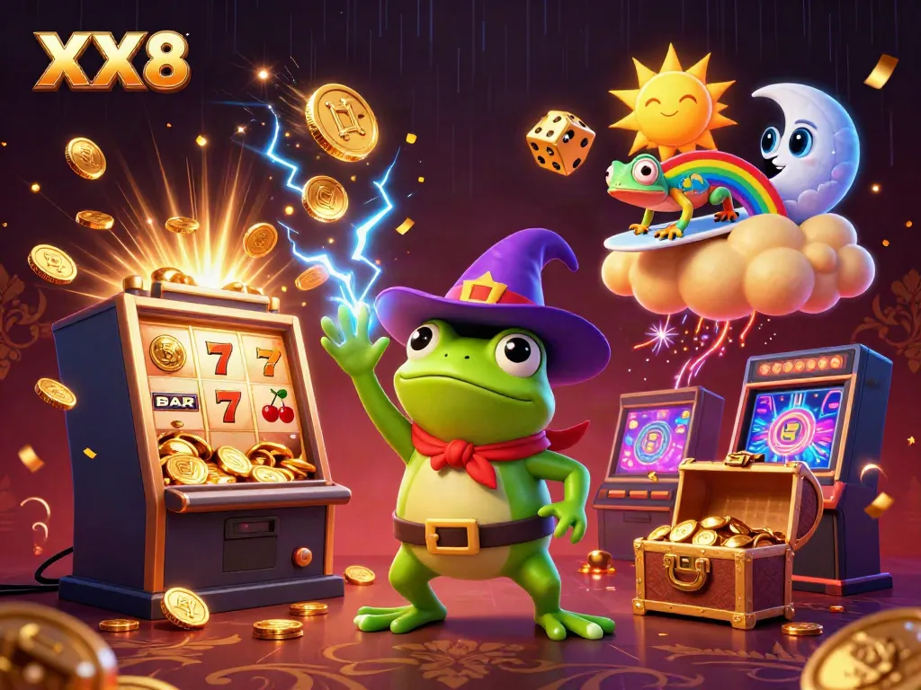 Experience the excitement of XX8 with a magical storm of coins and vibrant casino elements.