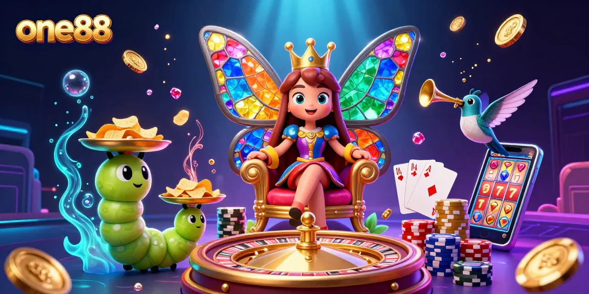 Spin to win with one88 in a vibrant casino atmosphere featuring a butterfly queen and dynamic games.