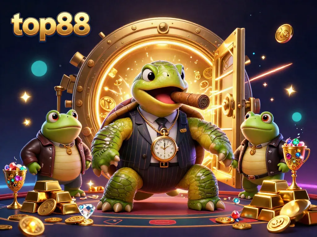 Join the excitement at top88 with a vibrant 3D casino scene featuring a snapping turtle and bullfrog enforcers.