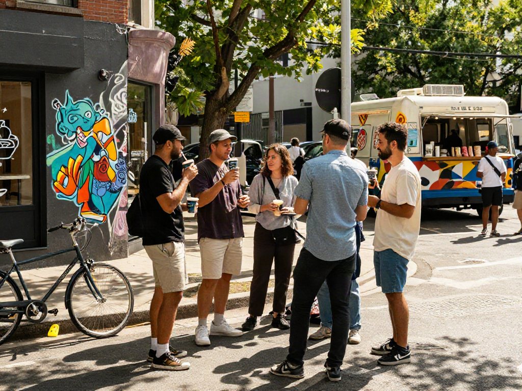 Group of friends enjoying drinks in urban setting, showcasing vibrant lifestyle culture with rokok88 theme.