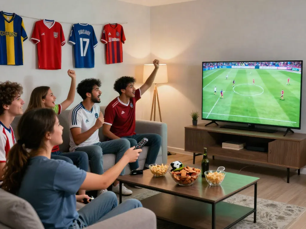 Friends enjoying a match on cà khại tv in a vibrant living room.