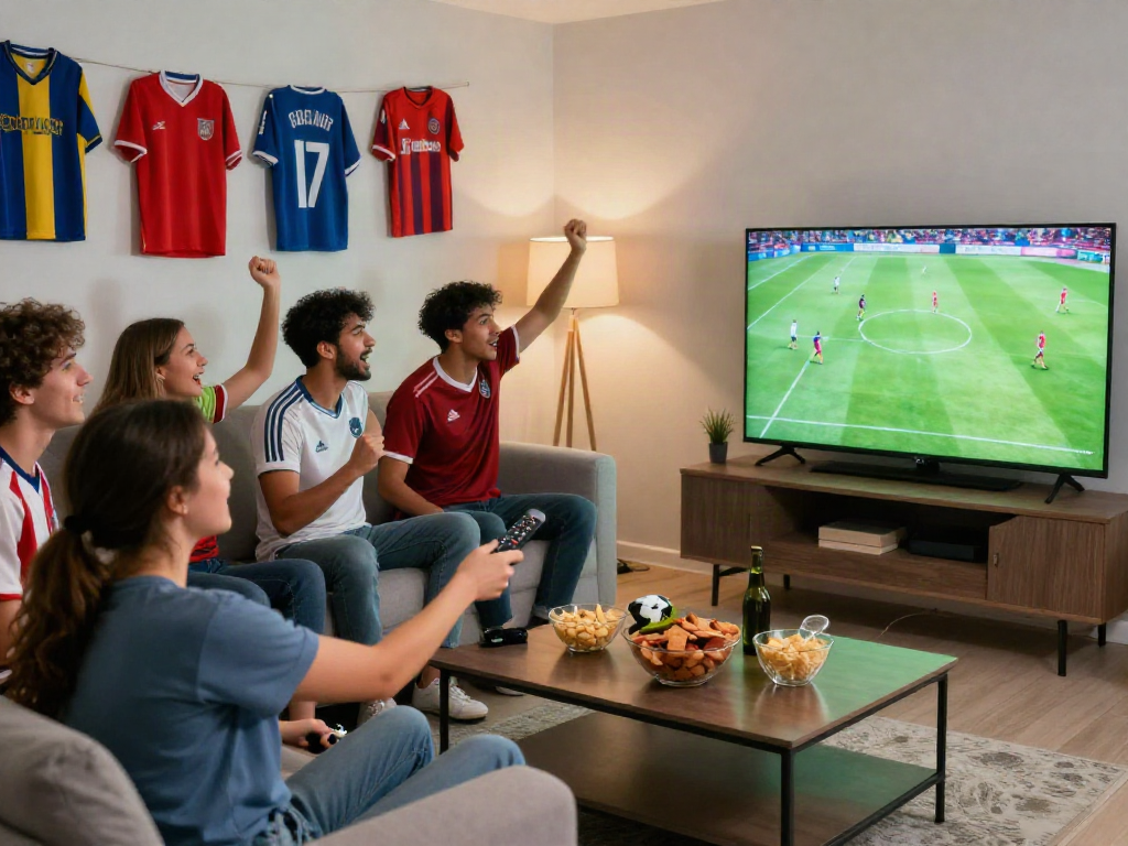 Friends enjoying a match on cà khại tv in a vibrant living room.