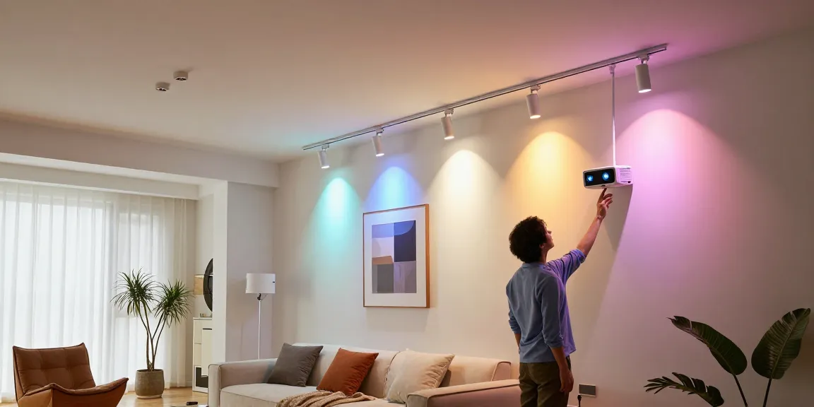 Iluminat modern cu sina magnetică, spoturi LED ajustabile într-un living elegant.
