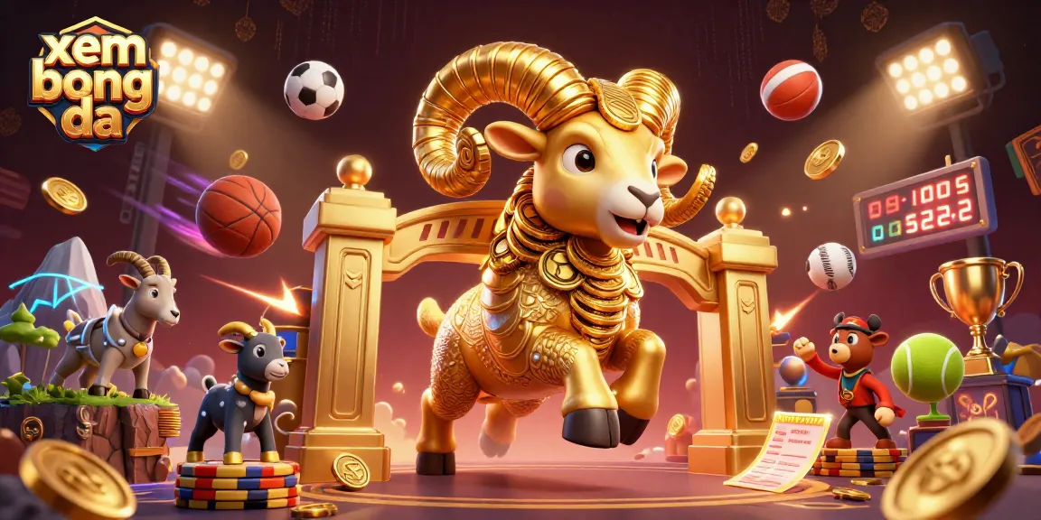 Xem bong da with a massive golden ram and dynamic sports elements, depicting thrilling live betting action.