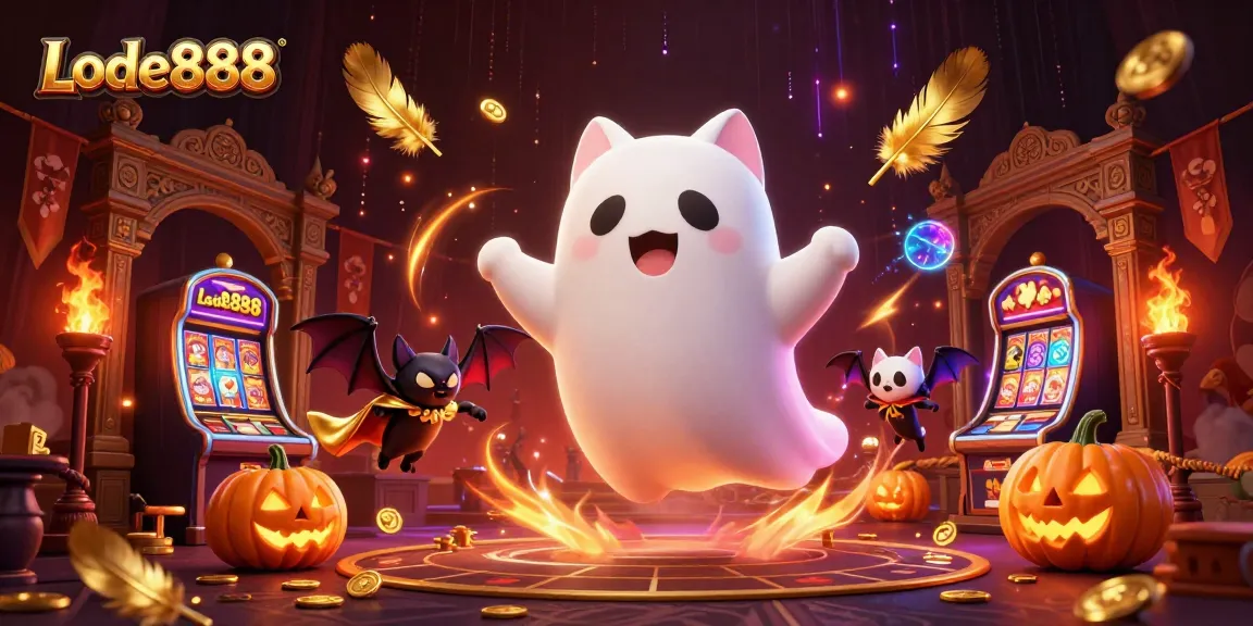 Join the thrills of Lode888 with a ghost cat and bat companion in a haunted casino.