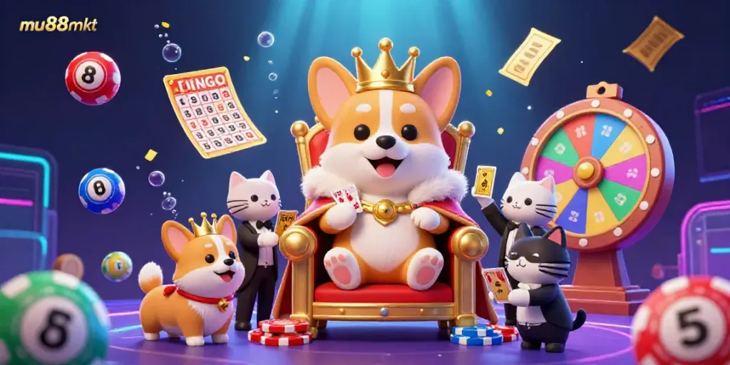 Engage with mu88mkt's vibrant 3D illustration showcasing a royal corgi theme in a lively casino setting.