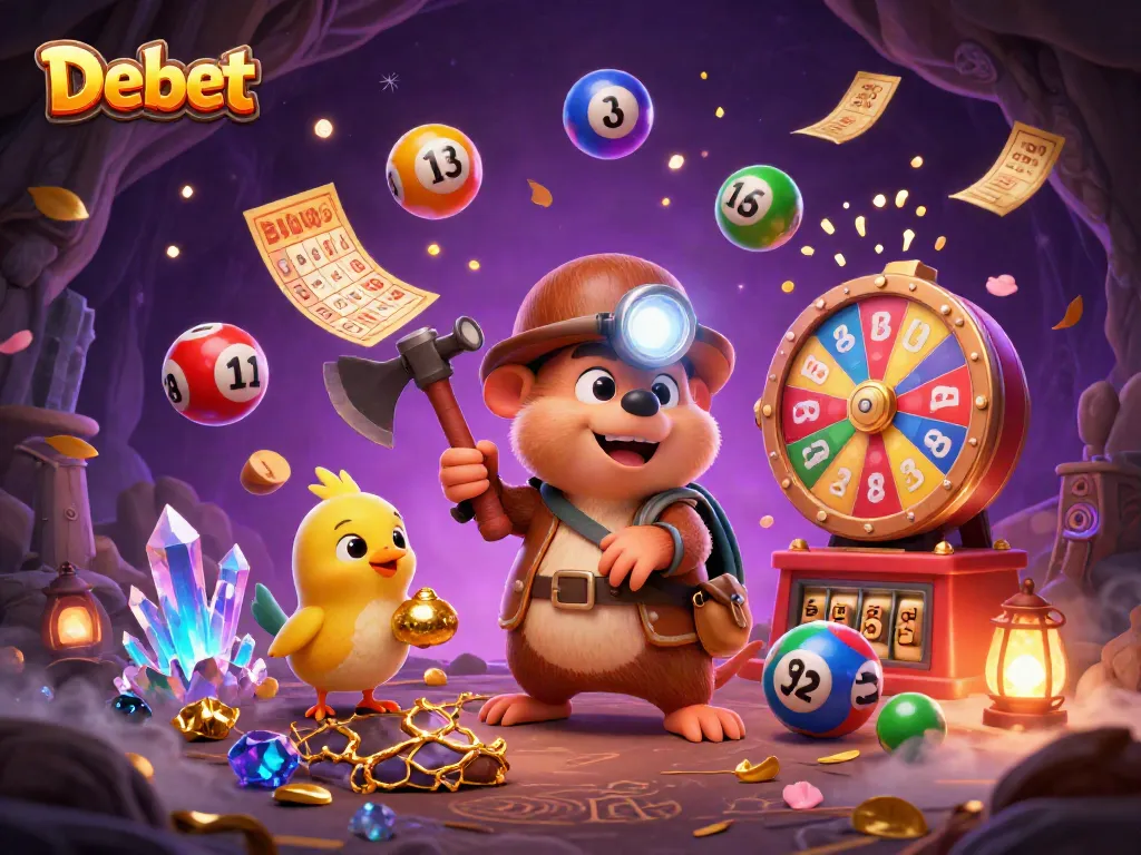 Experience thrilling gameplay at Debet with vibrant lottery elements and a treasure-hunting scene.