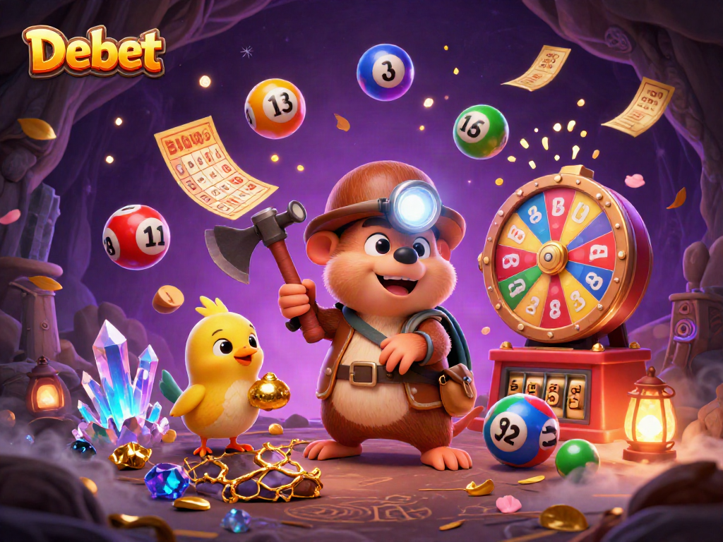 Experience thrilling gameplay at Debet with vibrant lottery elements and a treasure-hunting scene.
