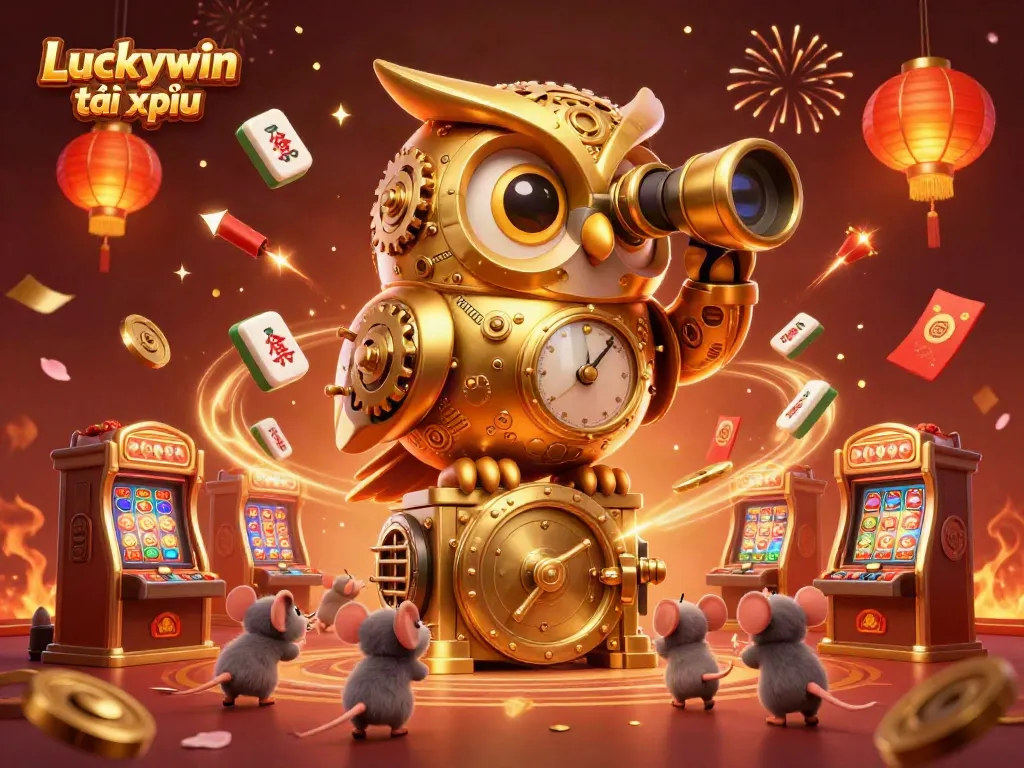 Experience thrilling gameplay at Luckywin tài xỉu with the massive clockwork owl overseeing a festive casino atmosphere.