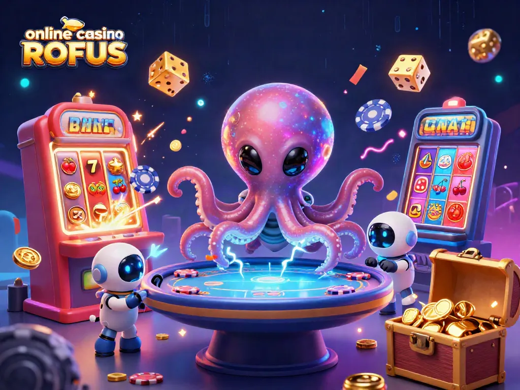 Engage with thrilling games at an online casino uden ROFUS, featuring an alien octopus and colorful poker elements.