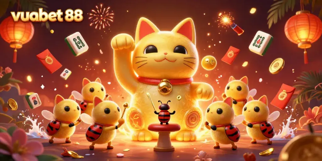 Experience the excitement of vuabet 88 with a giant lucky cat and vibrant casino symbols in a dynamic scene.