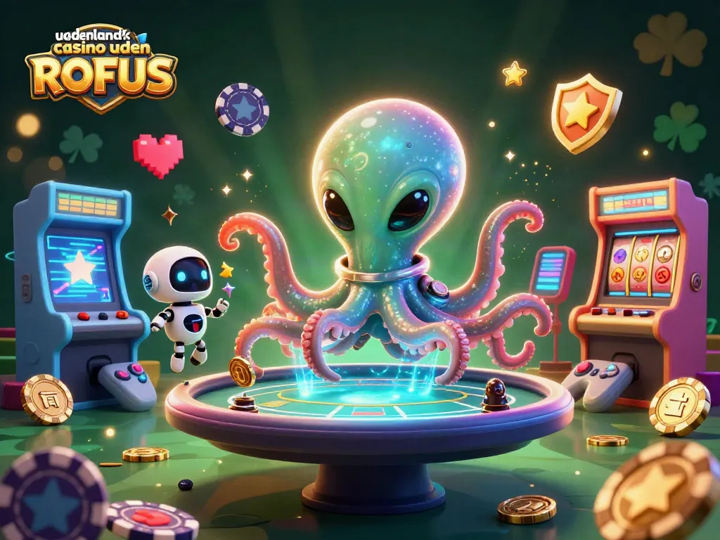 Play at udenlandsk casino uden ROFUS with an alien octopus at a holographic poker table in space.