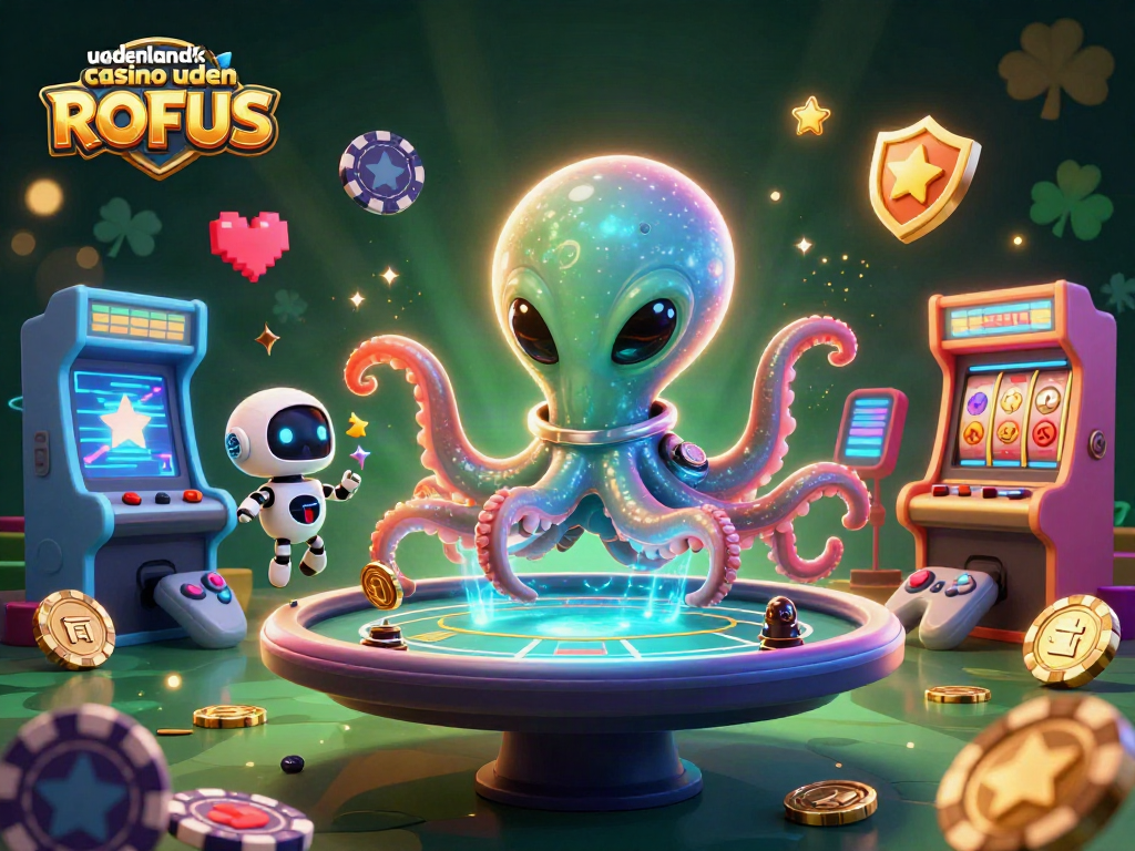 Play at udenlandsk casino uden ROFUS with an alien octopus at a holographic poker table in space.