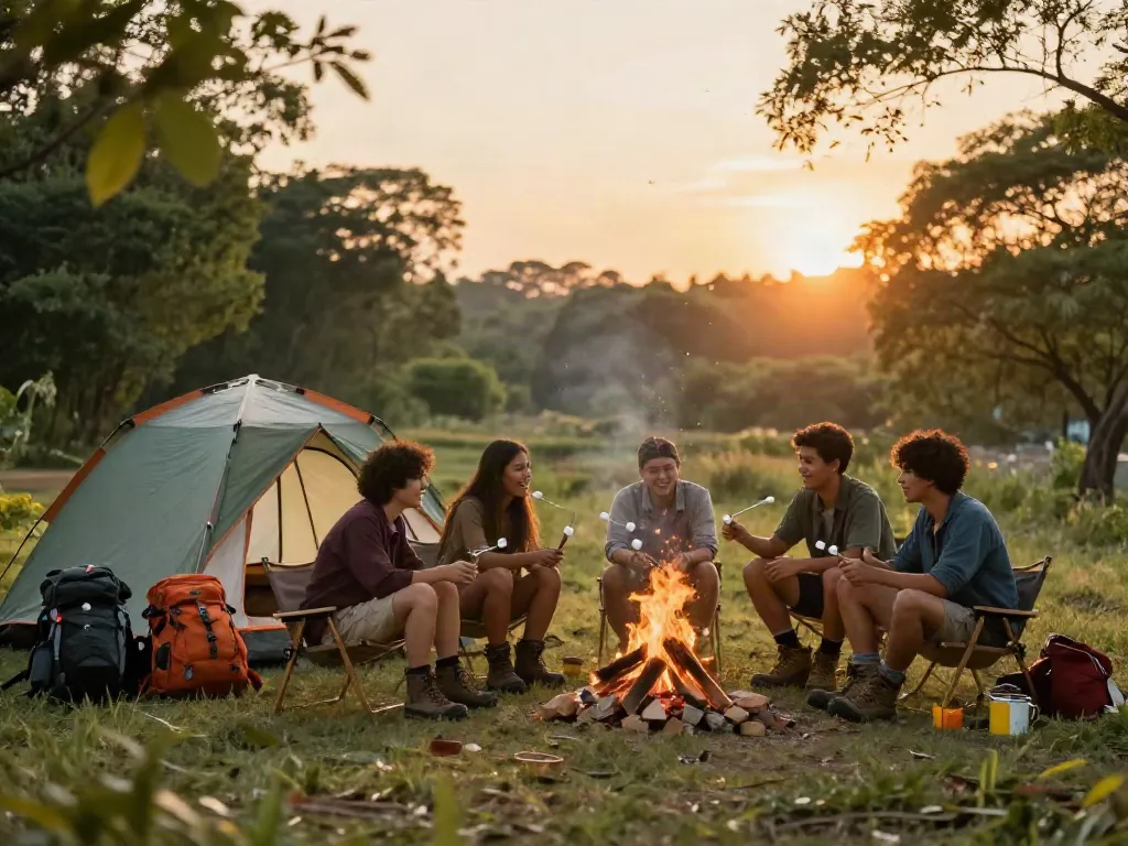 Friends enjoying a camping experience with rokok88 gear at sunset around a warm campfire.