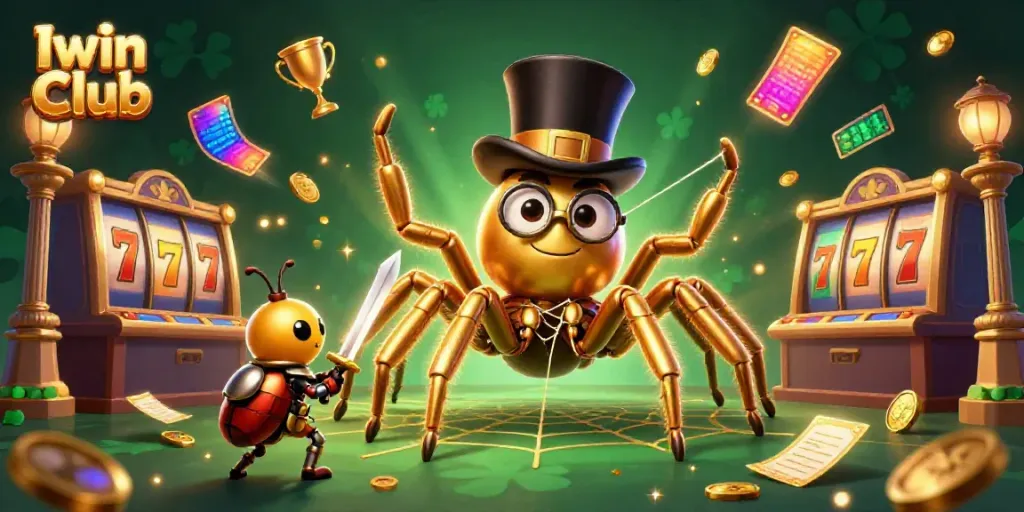 Iwin Club invites players to experience thrilling slot games, featuring a golden tarantula and a knight in a captivating 3D casino scene.