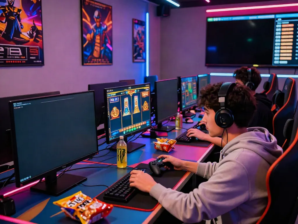 Engaged player enjoying rokok88 online slot games in a vibrant gaming environment.