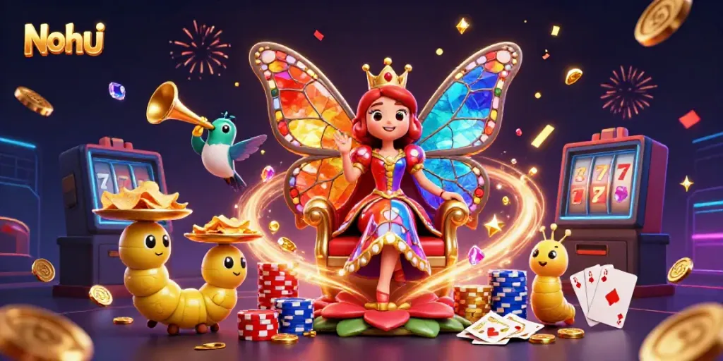 Experience the charm of Nohu Casino with vibrant games, golden chips, and a magical butterfly queen.