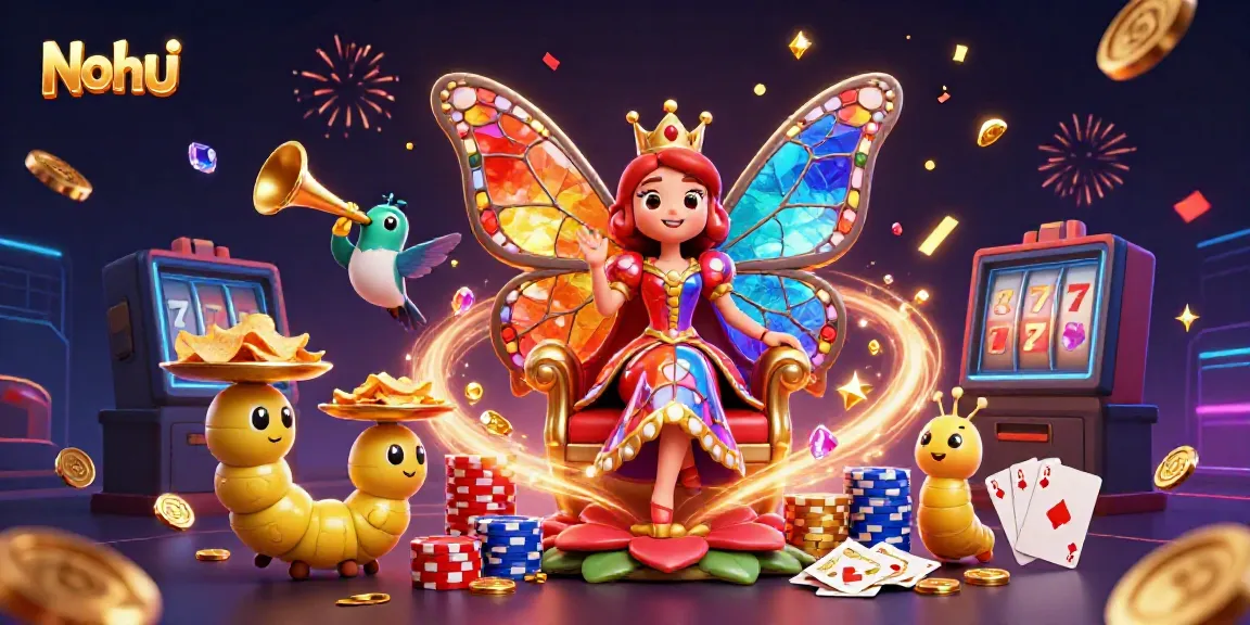 Experience the charm of Nohu Casino with vibrant games, golden chips, and a magical butterfly queen.