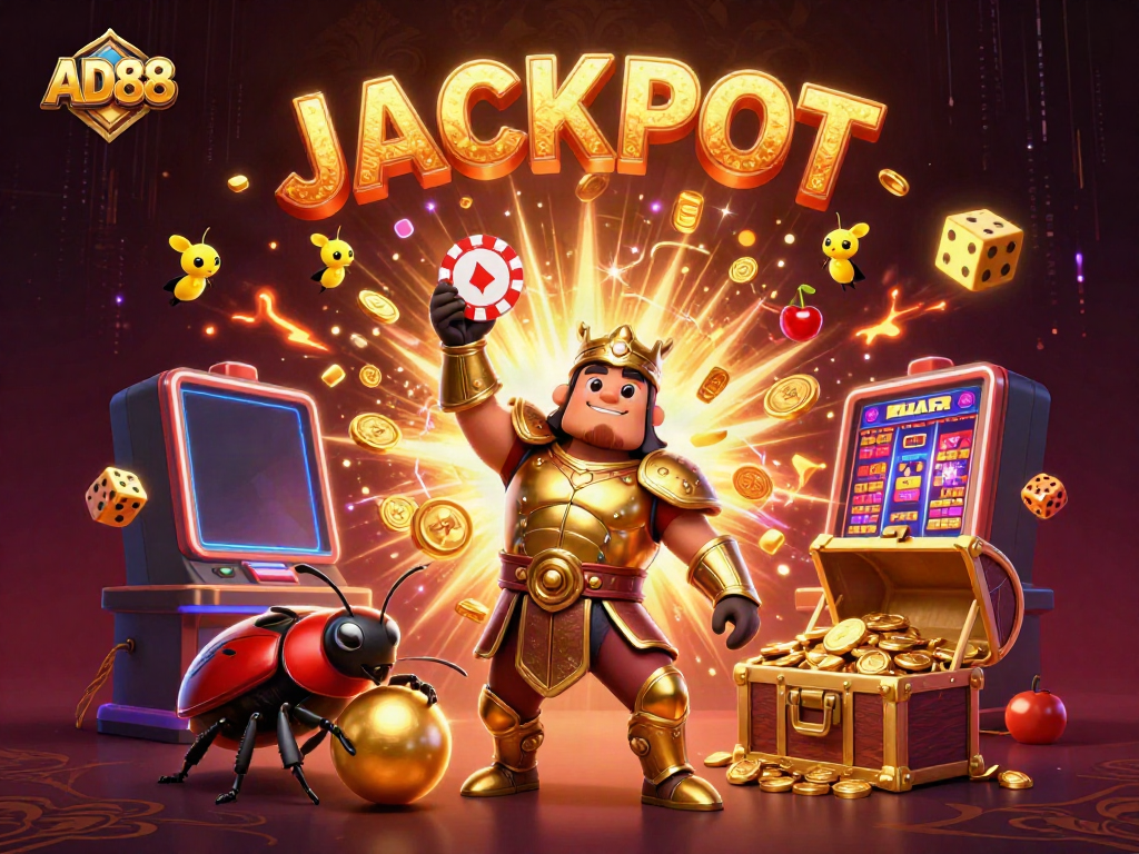 Experience the thrill of AD88 casino with a victorious beetle character amidst dazzling slot game excitement.