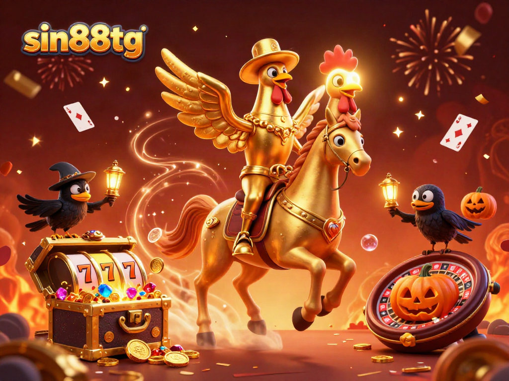 Join the excitement at sin88tg with a golden rooster and spectral horse in a casino filled with treasure.