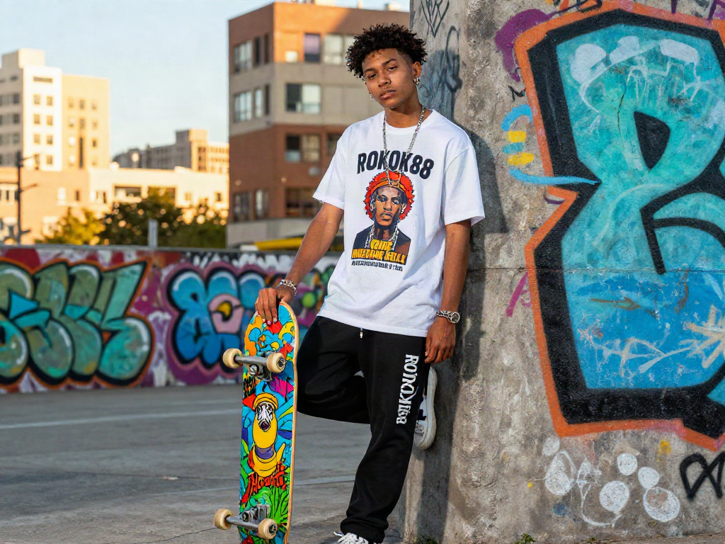 Stylish young adult in ROKOK88 streetwear apparel against urban graffiti wall