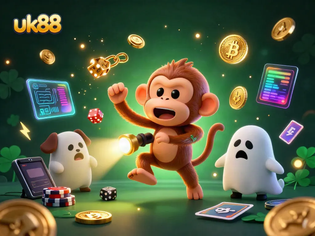 Experience thrilling fun at uk88's haunted casino, with a playful poltergeist monkey and ghost-hunter puppy amidst colorful gaming elements.