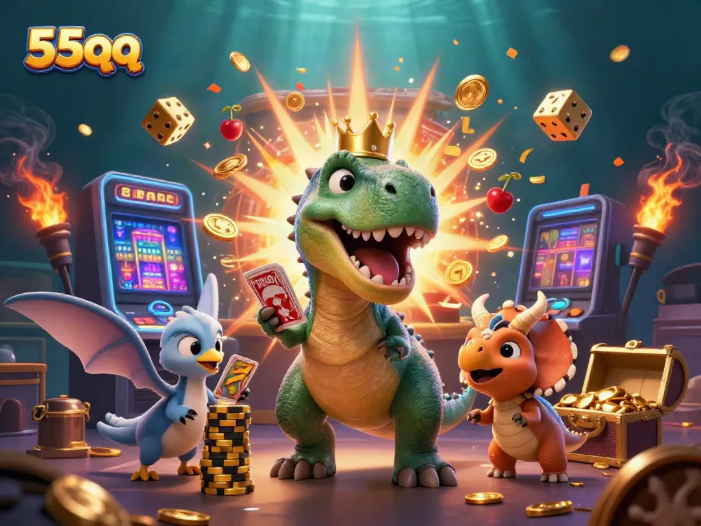 Experience the thrill of 55qq with colorful characters and immersive casino elements in an exciting illustration.