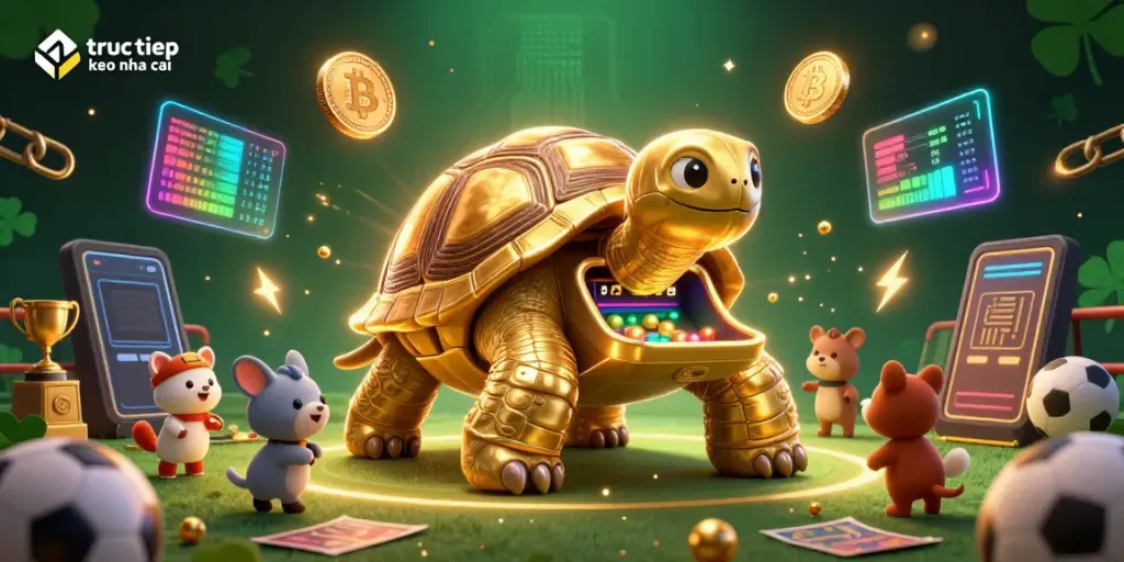 Engage with truc tiep keo nha cai by exploring an exciting sports betting scene featuring a tortoise-shaped pinball machine.