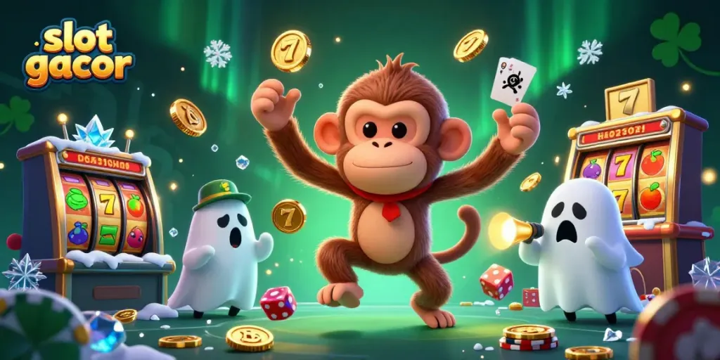 Engage with slot gacor thrills as a mischievous monkey juggles golden casino items.