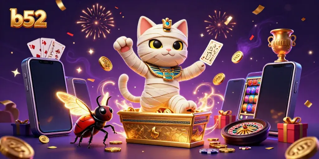 Experience thrilling gameplay at b52 with a lively mummy cat and ancient-themed casino elements.