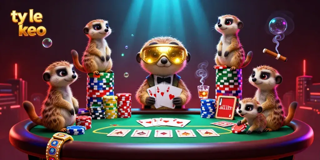 Experience ty le keo action with a lively scene of meerkats running a casino, displaying poker excellence!
