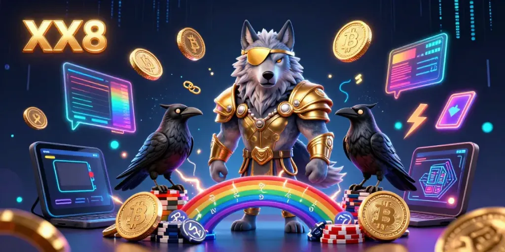 Experience the thrill of gambling at XX8 with Norse mythology and glowing cryptocurrency elements.