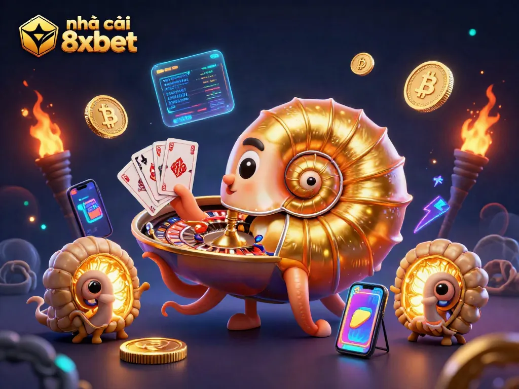 Experience the excitement at nhà cái 8xbet with a vibrant casino-themed illustration showcasing a giant nautilus and glowing cards.