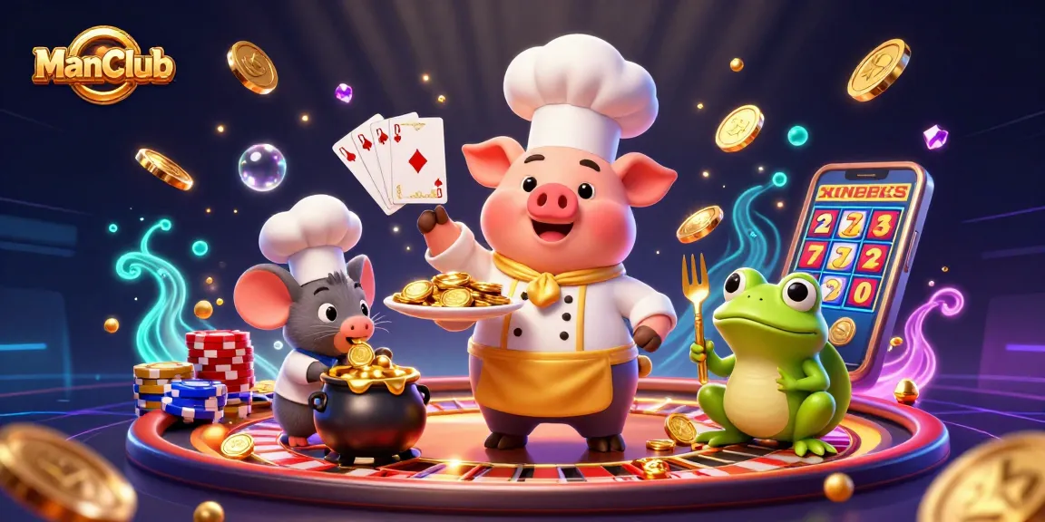 Experience exciting gameplay at ManClub with gold coins, vibrant casino elements, and colorful characters.