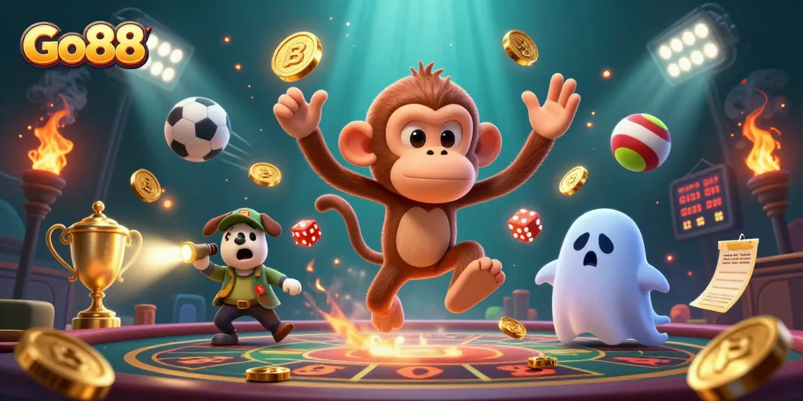 Experience thrilling action at Go88, where a mischievous monkey juggles golden treasures in a vibrant casino.