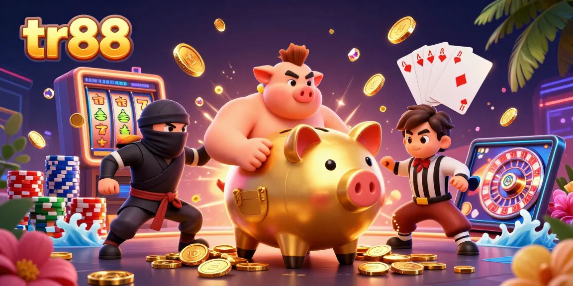 Engage in thrilling gameplay at tr88 with a vibrant 3D casino scene showcasing a golden piggy bank, colorful poker chips, and slot reels.