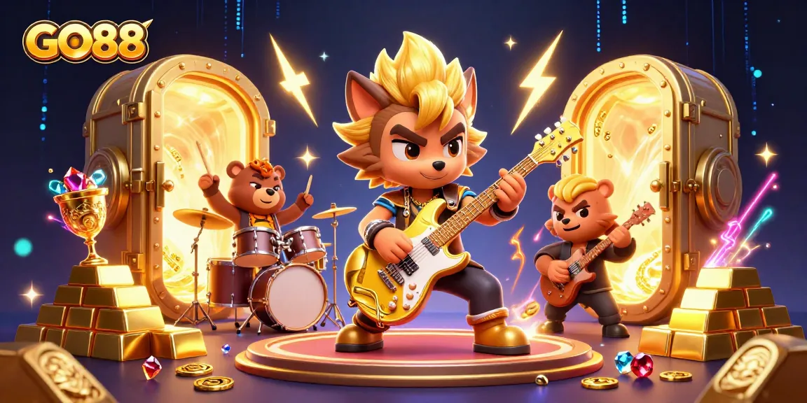 Experience GO88 like never before with a dazzling 3D casino scene featuring rock star characters and vibrant game elements.