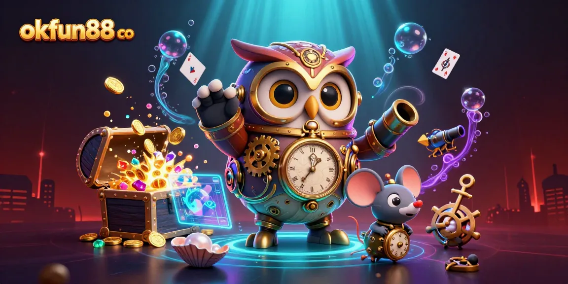 Explore the vibrant scene of okfun88 co with a time-traveler owl and casino elements.